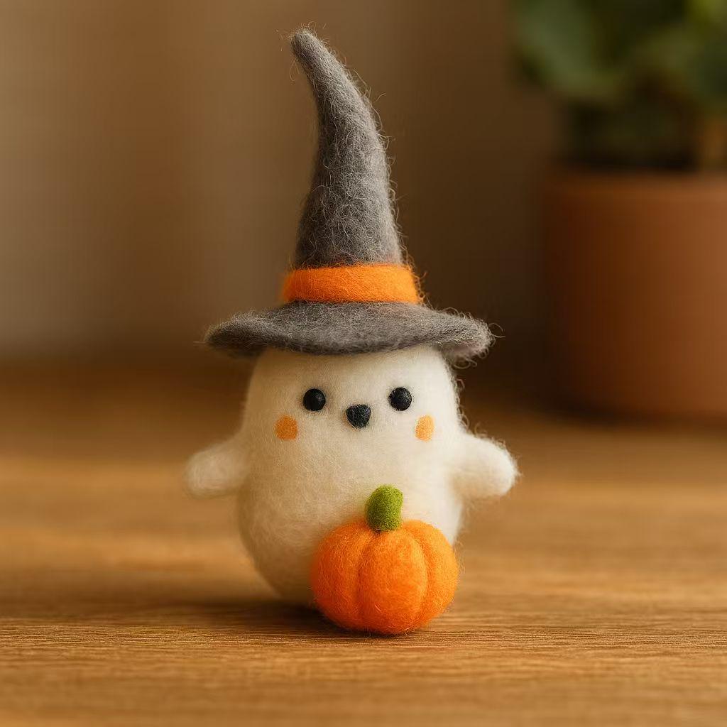 Needle Felted Ghost Plush with Pumpkin Hat – Handmade Wool Felt Halloween Decoration – Cute Fall Home Decor, Trick or Treat Party Gift