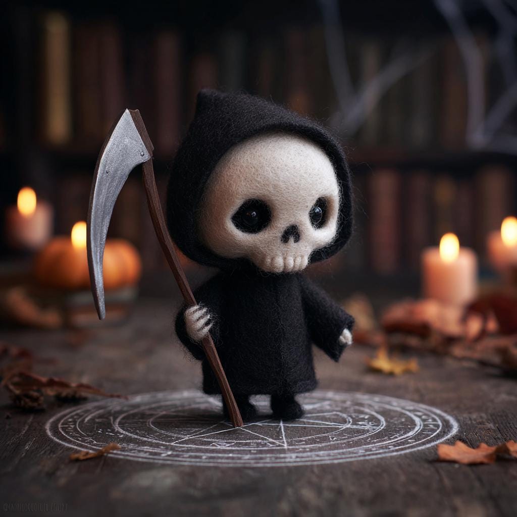Handmade Needle Felted Skeleton Doll – Cute Halloween Decor, Wool Felt Grim Reaper Figurine, Spooky Gift for Halloween Lovers