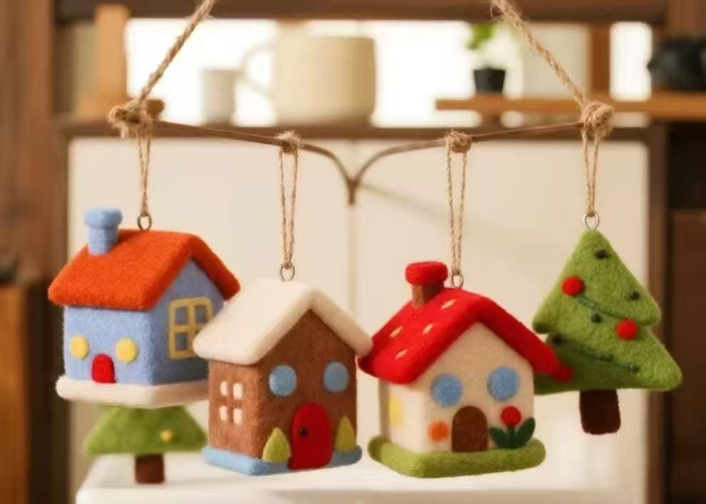 Wool Felt Christmas Village Ornament – Handmade Felt House Hanging Decor, Winter Cottage Tree Ornament, Cute Holiday Gift for Home Lovers