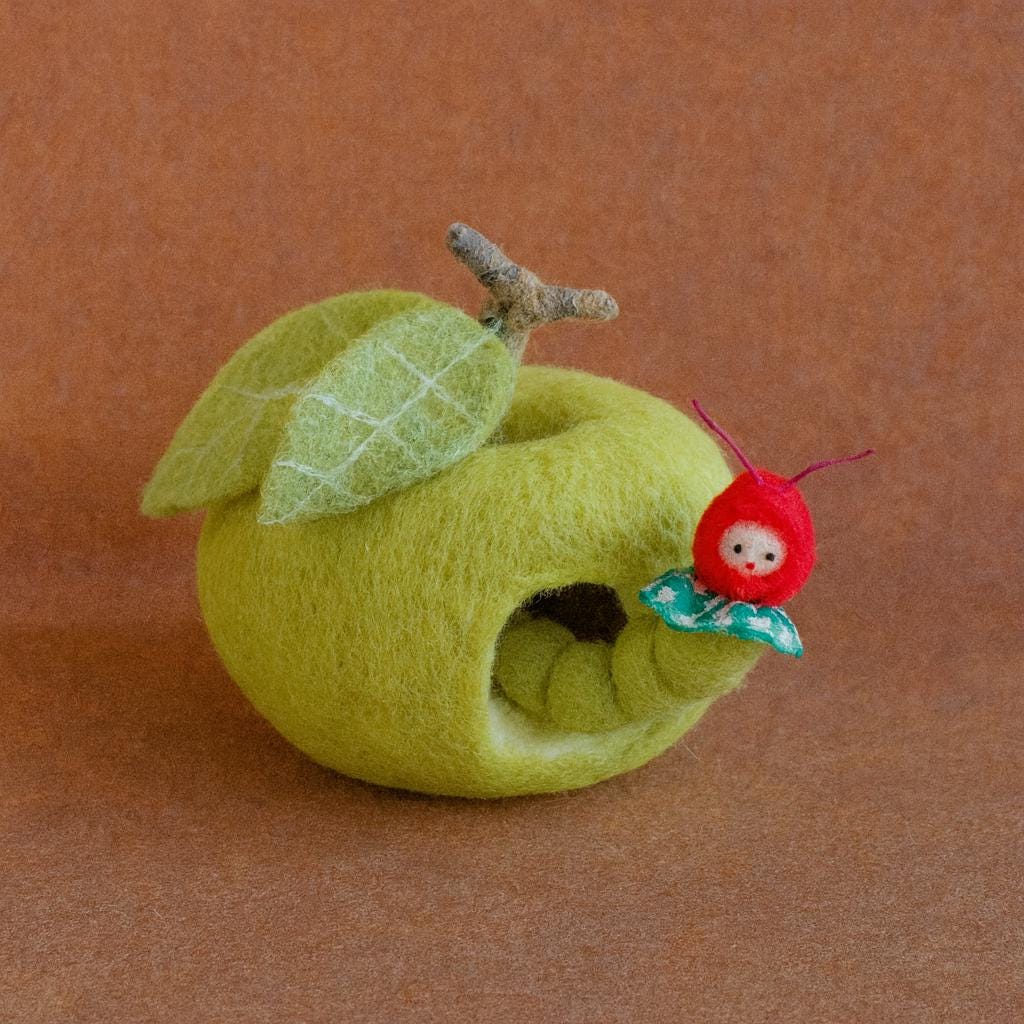 Handmade Wool Felt Apple House with Caterpillar – Waldorf Inspired Toy,Needle Felted Apple House – Nature Play Toy for Kids, Waldorf Gift
