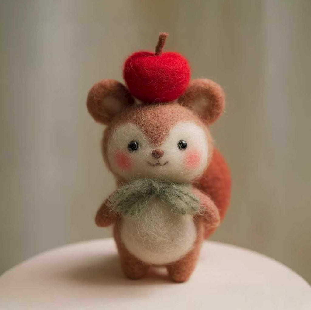 Handmade Felt Squirrel Figurine – Cute Wool Animal with Santa Hat or Apple, Winter Woodland Christmas Gift Decor