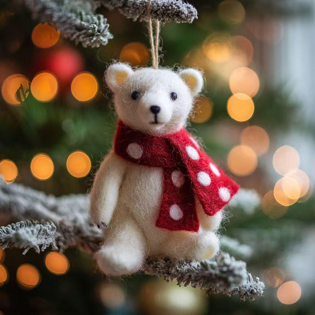 Cute Wool Felt Polar Bear with Red Scarf – Christmas Tree Ornament, Winter Decoration, Handmade Holiday Gift for Friends