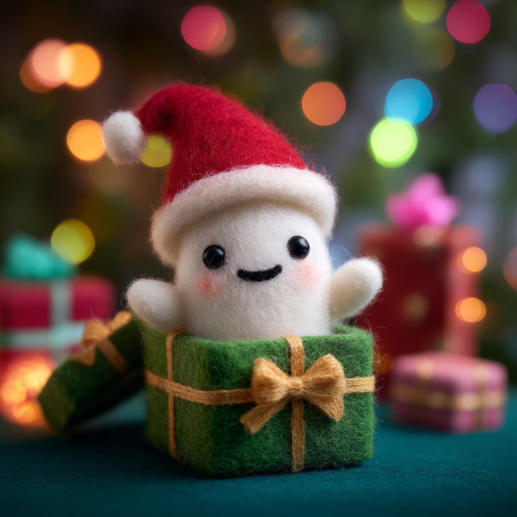 Needle Felted Ghost Figurine – Wool Felt Christmas Decor with Santa Hat and Gift Box, Cute Handmade Holiday Ornament