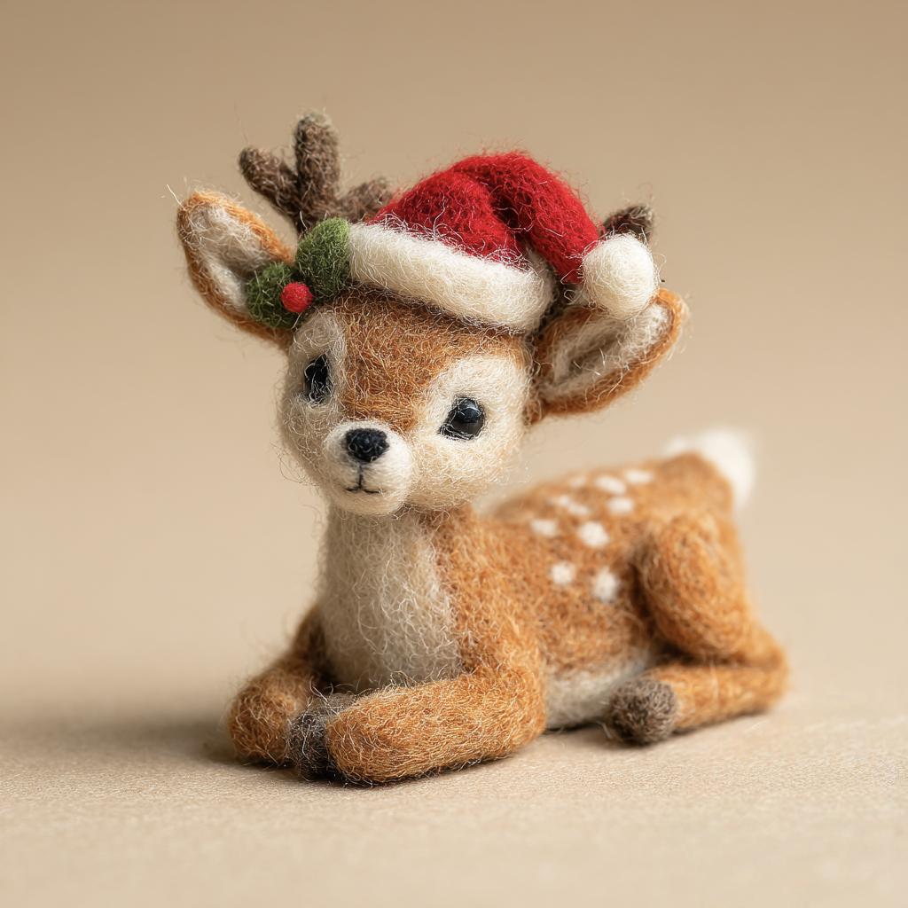 Handmade Felt Reindeer Ornament – Wool Christmas Deer with Santa Hat and Scarf, Cozy Winter Gift and Christmas Tree Ornament Gift