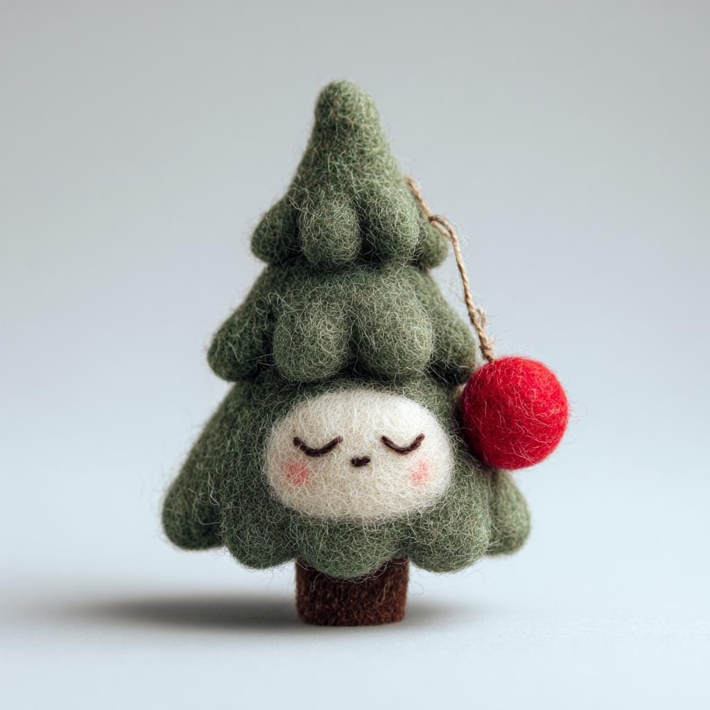 Handmade Wool Felt Christmas Tree Set – Cute Mini Tree Figurines with Lights, Star, and Red Bow, Cozy Winter Home Decor Gift