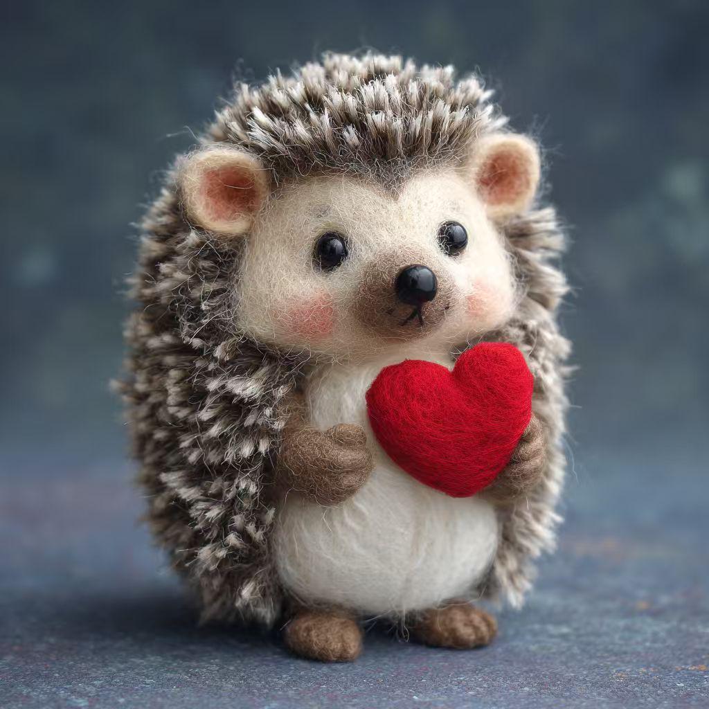 Handmade Needle Felted Hedgehog – 2.5 Inch Cute Animal Figurine with Apple or Heart, Cozy Winter Gift, Perfect for Christmas Tree Ornament