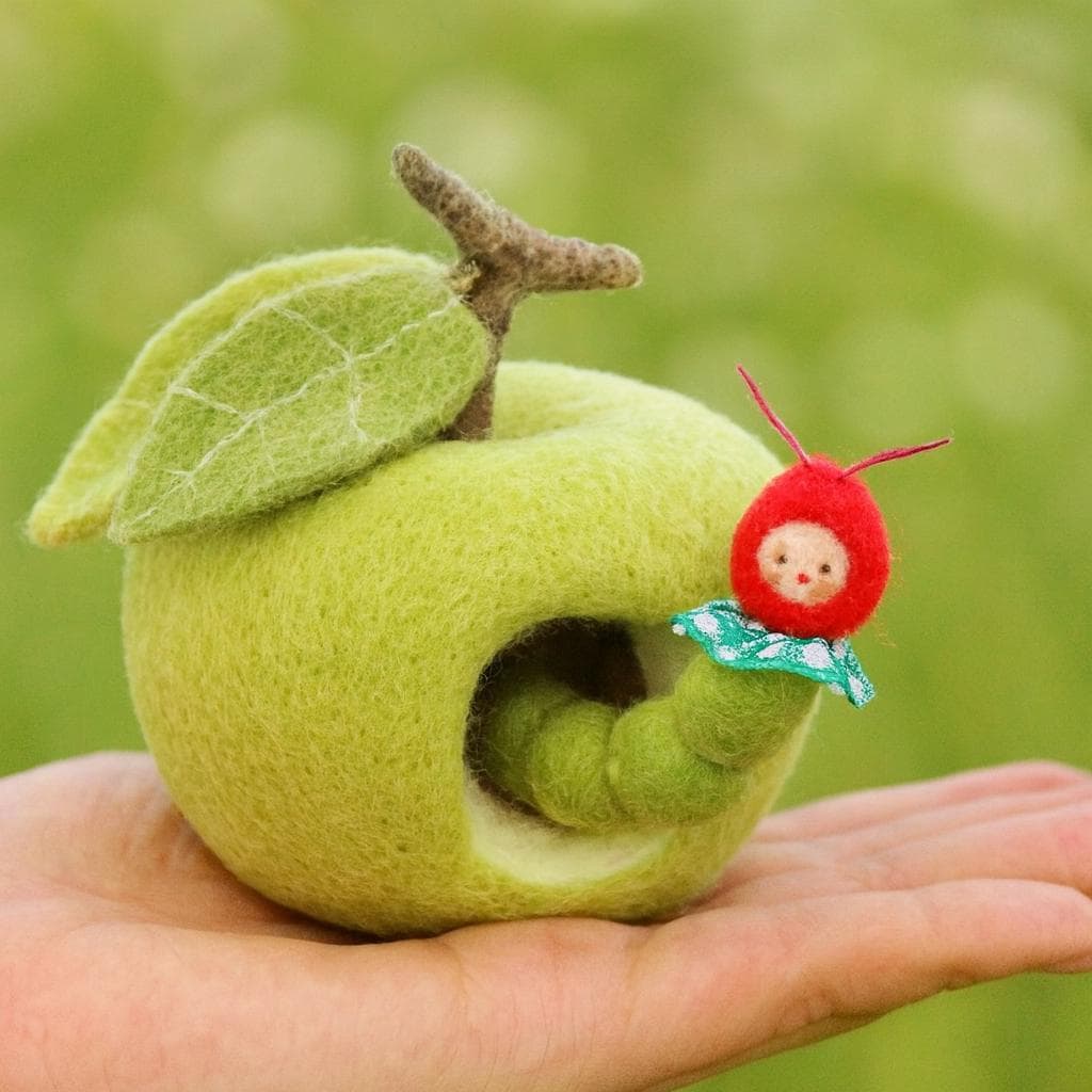 Handmade Wool Felt Apple House with Caterpillar – Waldorf Inspired Toy,Needle Felted Apple House – Nature Play Toy for Kids, Waldorf Gift