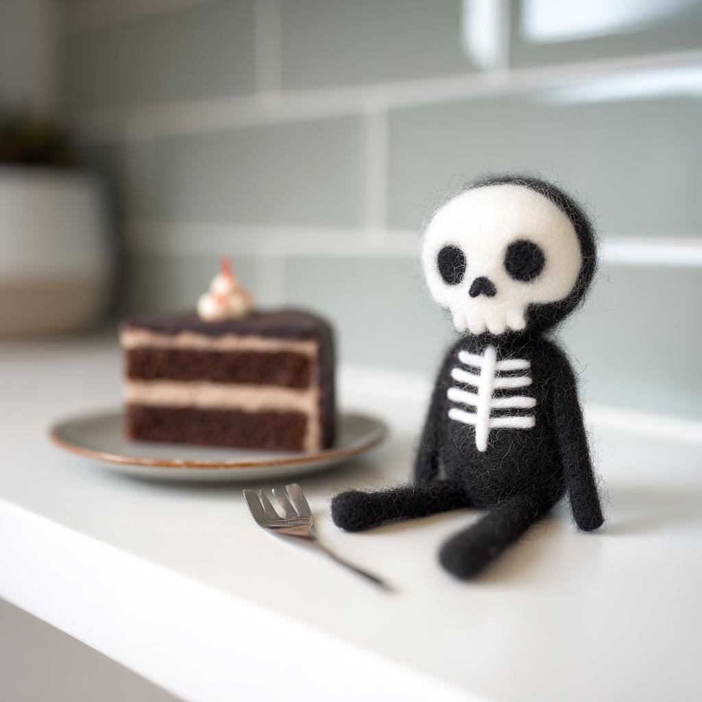 Handmade Needle Felted Skeleton Doll – Cute Halloween Decor, Wool Felt Grim Reaper Figurine, Spooky Gift for Halloween Lovers