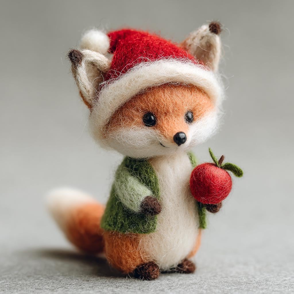 Handmade Felt Fox Ornament – Wool Christmas Fox Holding Apple or Mushroom, Cozy Winter Gift and Christmas Tree Ornament Gift