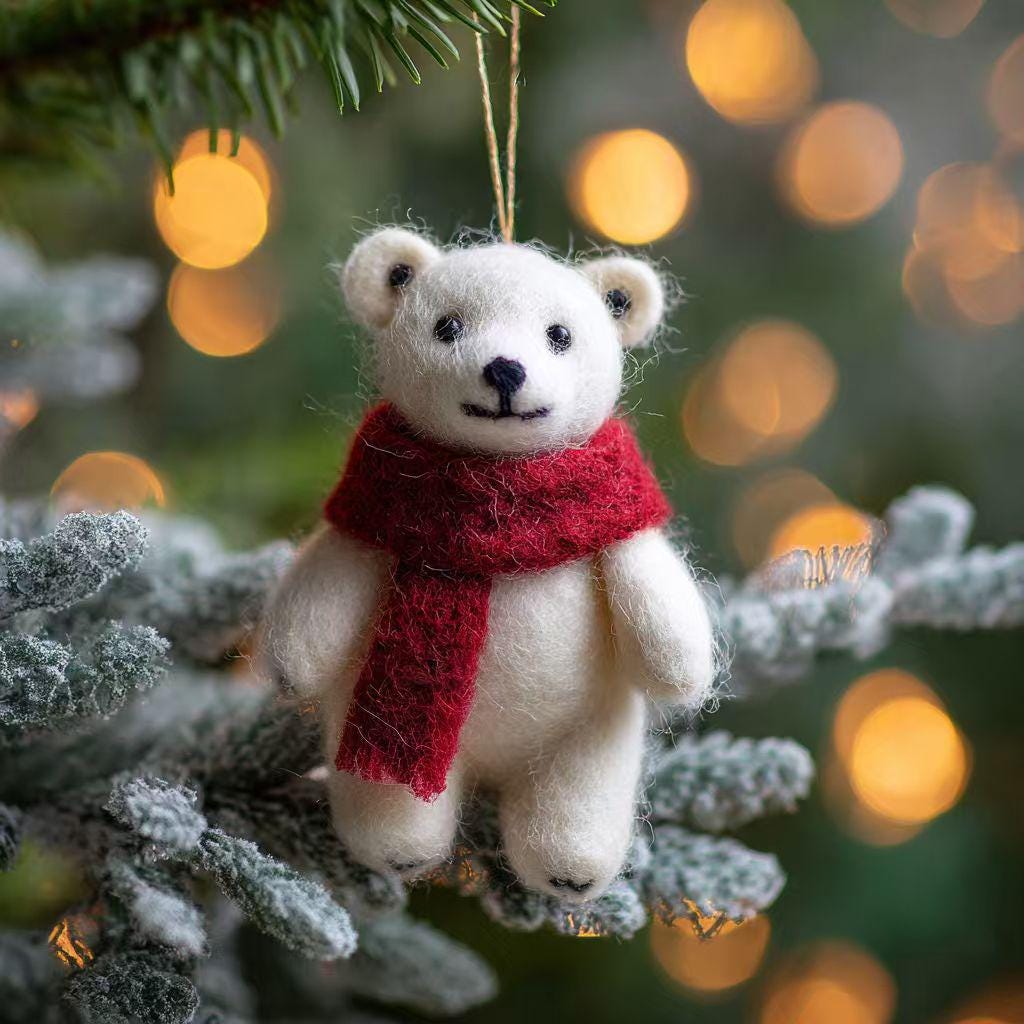 Cute Wool Felt Polar Bear with Red Scarf – Christmas Tree Ornament, Winter Decoration, Handmade Holiday Gift for Friends