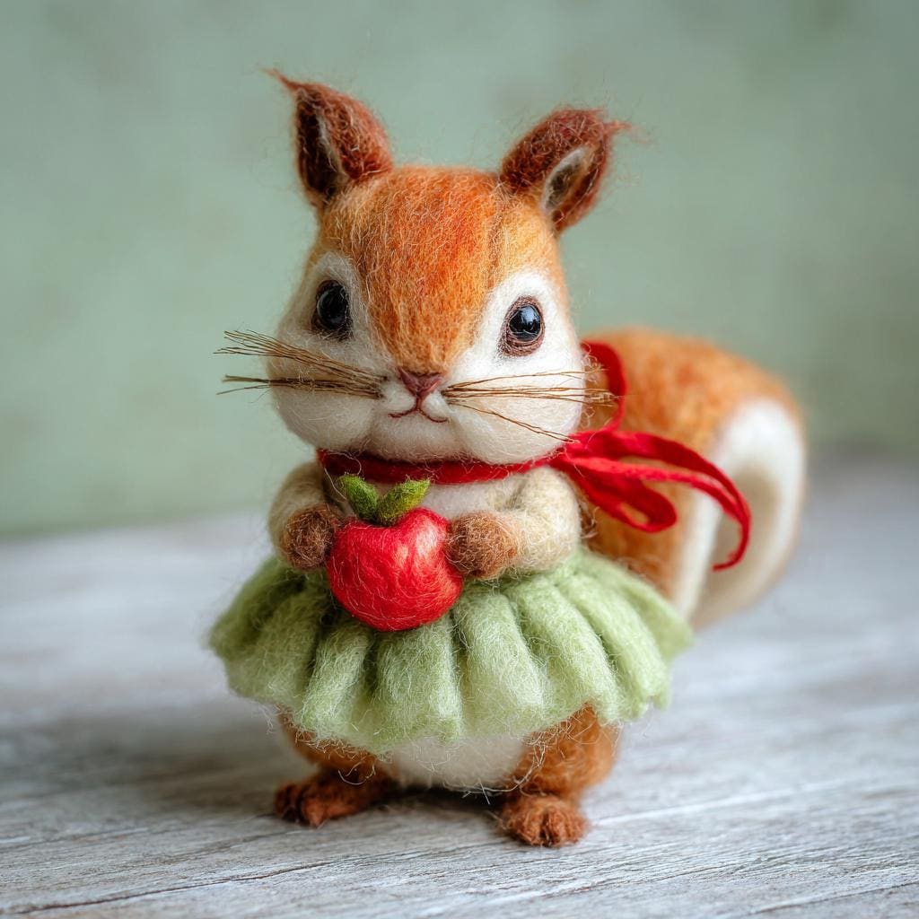 Handmade Felt Squirrel Figurine – Cute Wool Animal with Santa Hat or Apple, Winter Woodland Christmas Gift Decor
