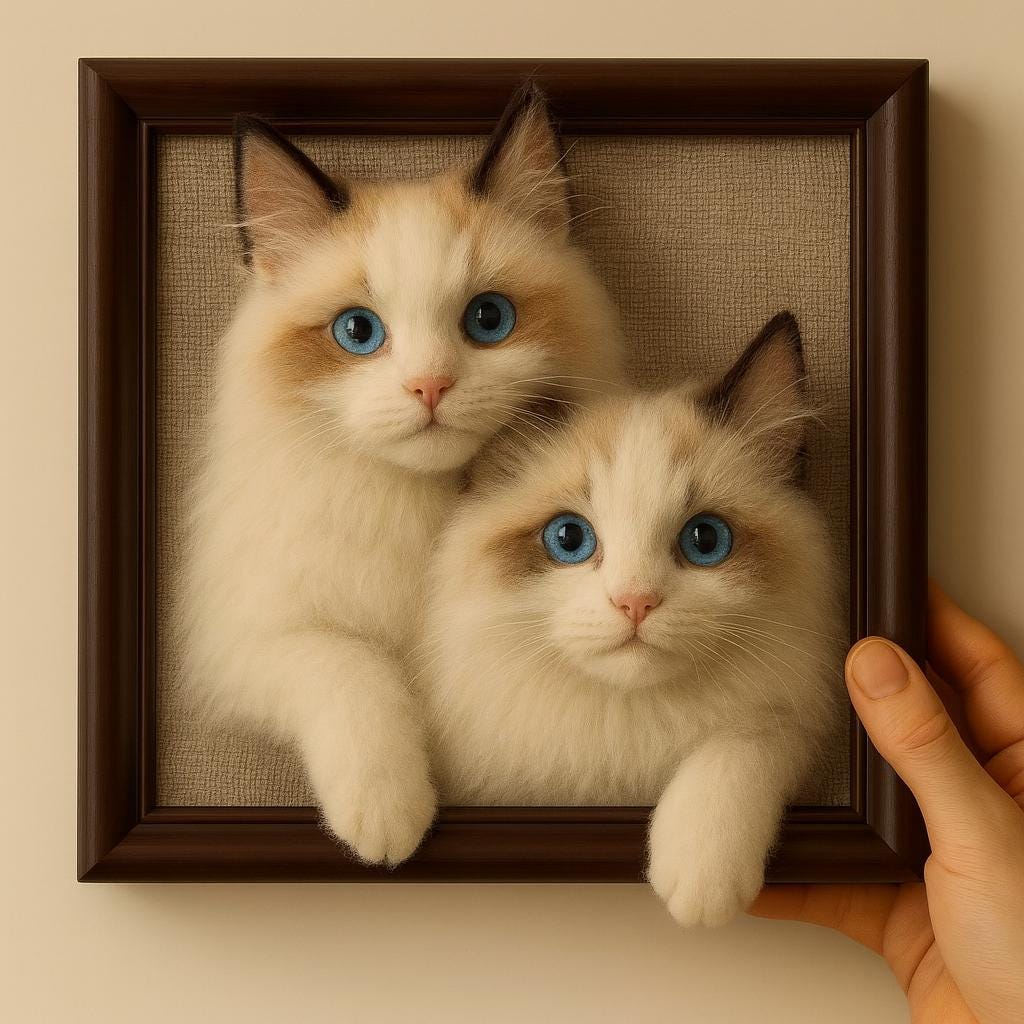 Custom 3D Felt Cat Portrait in Frame – Realistic Handmade Pet Memorial Gift|Handmade Cat Couple Frame – Realistic Felt Pet Portrait Décor
