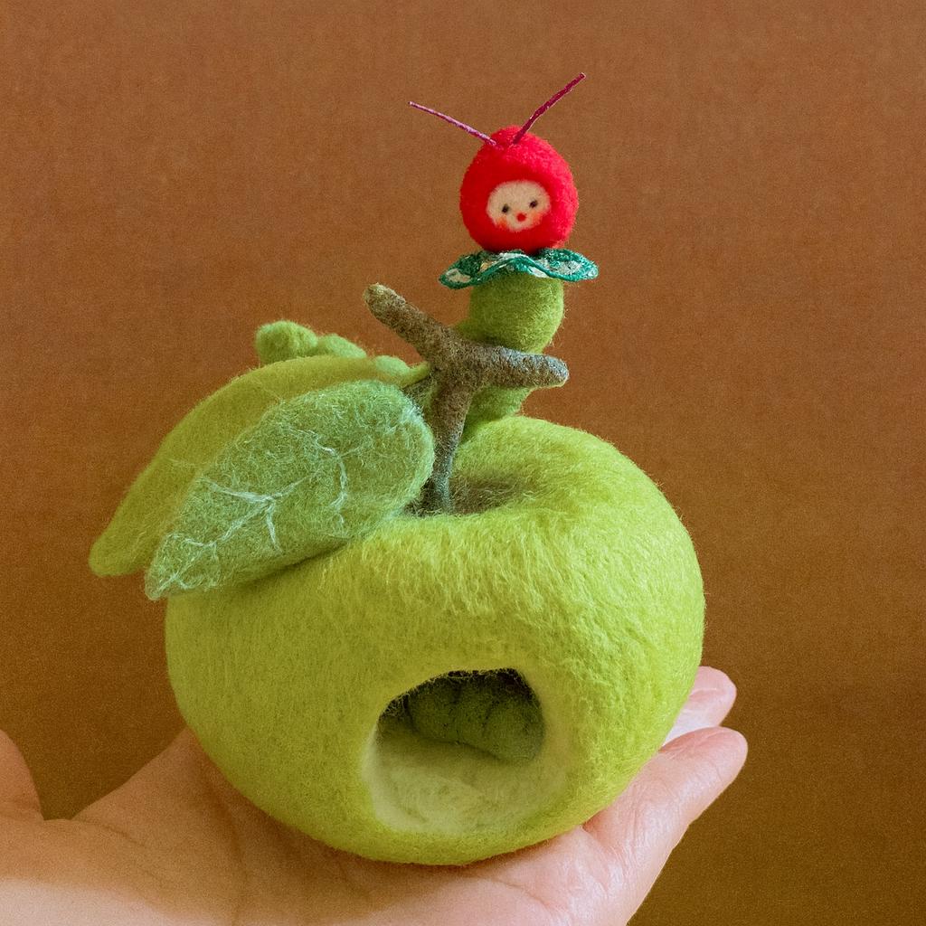 Handmade Wool Felt Apple House with Caterpillar – Waldorf Inspired Toy,Needle Felted Apple House – Nature Play Toy for Kids, Waldorf Gift