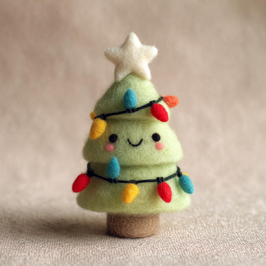 Handmade Wool Felt Christmas Tree Set – Cute Mini Tree Figurines with Lights, Star, and Red Bow, Cozy Winter Home Decor Gift