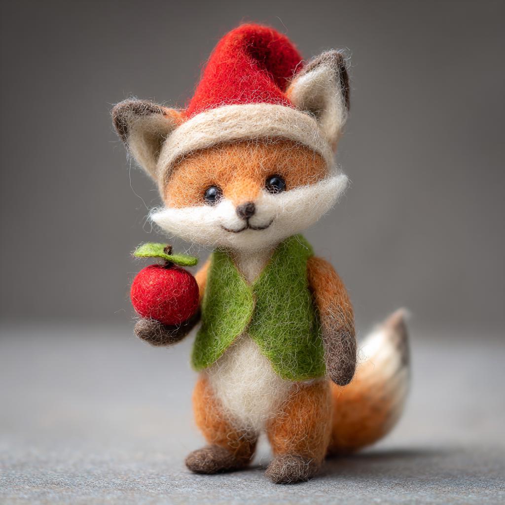 Handmade Felt Fox Ornament – Wool Christmas Fox Holding Apple or Mushroom, Cozy Winter Gift and Christmas Tree Ornament Gift