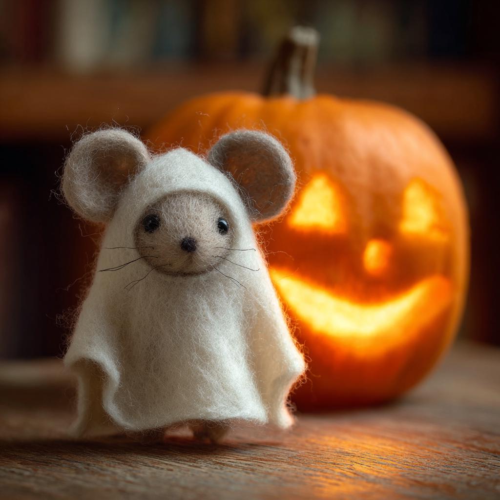 Handmade Needle Felted Mouse with Pumpkin – Cute Wool Felt Figurine, Spooky Winter Decor, Perfect as a Christmas Tree Ornament Gift