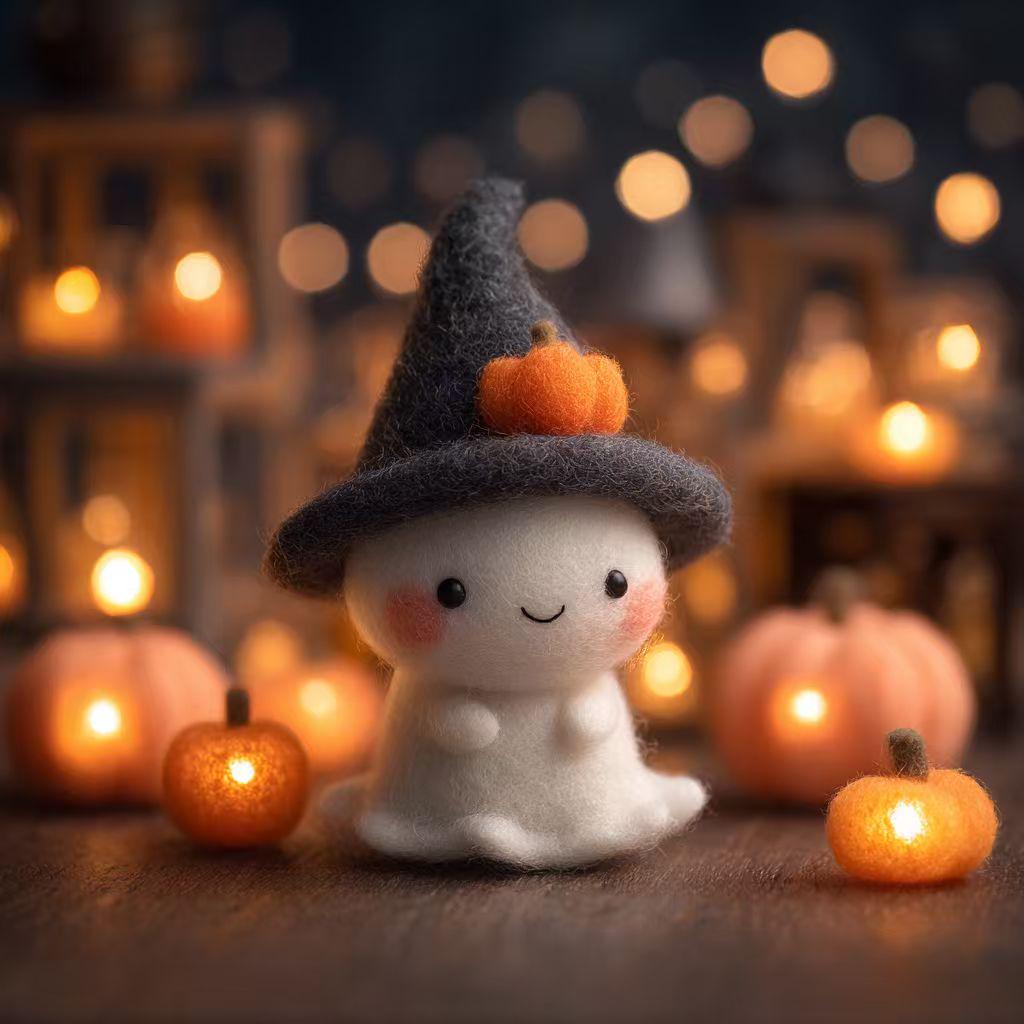 Handmade Needle Felted Halloween Ghost – Cute Wool Felt Figurine with Pumpkin Hat, Spooky Cute Decor, Fall Table Ornament, Gift Idea