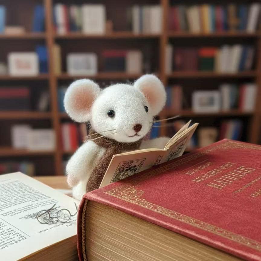 Handmade Felt Mouse Figurine – Cozy Wool Reading Mouse with Hat, Winter Book Lover Gift, Christmas Handmade Decor