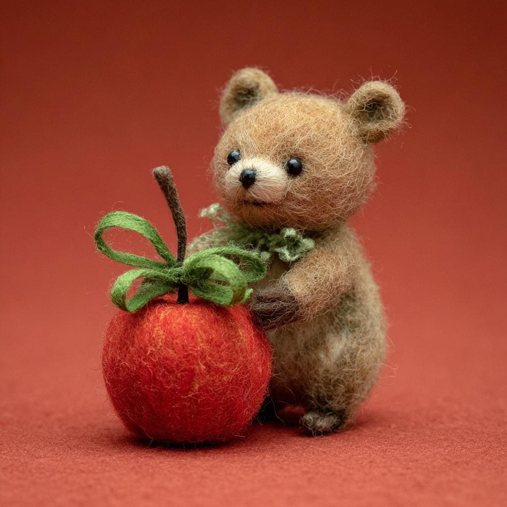 Handmade Needle Felted Bear with Apple – Cute Wool Figurine Winter Gift, Christmas Decoration, Perfect for Christmas Tree Ornament