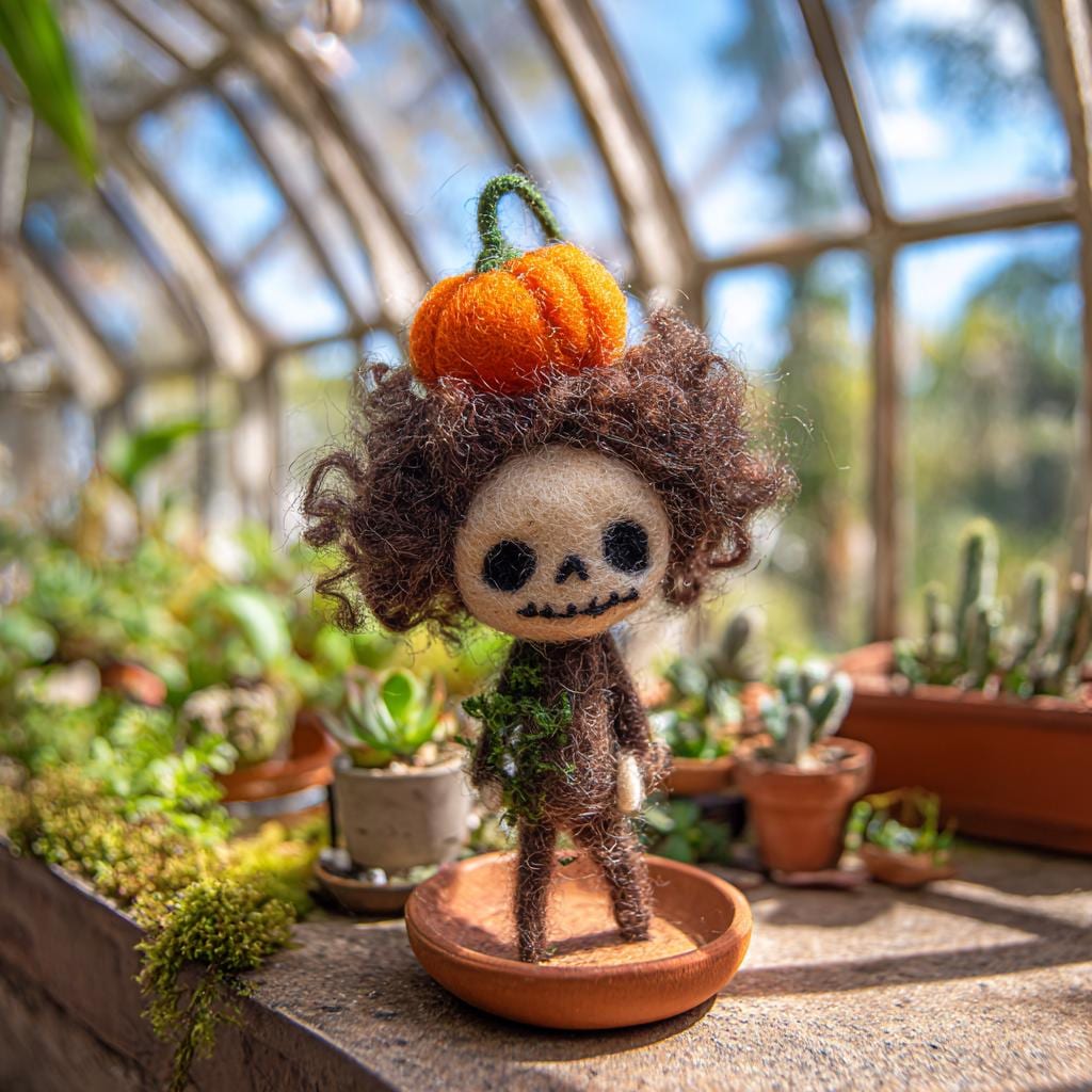 Handmade Needle Felted Skeleton Doll – Cute Halloween Decor, Wool Felt Grim Reaper Figurine, Spooky Gift for Halloween Lovers