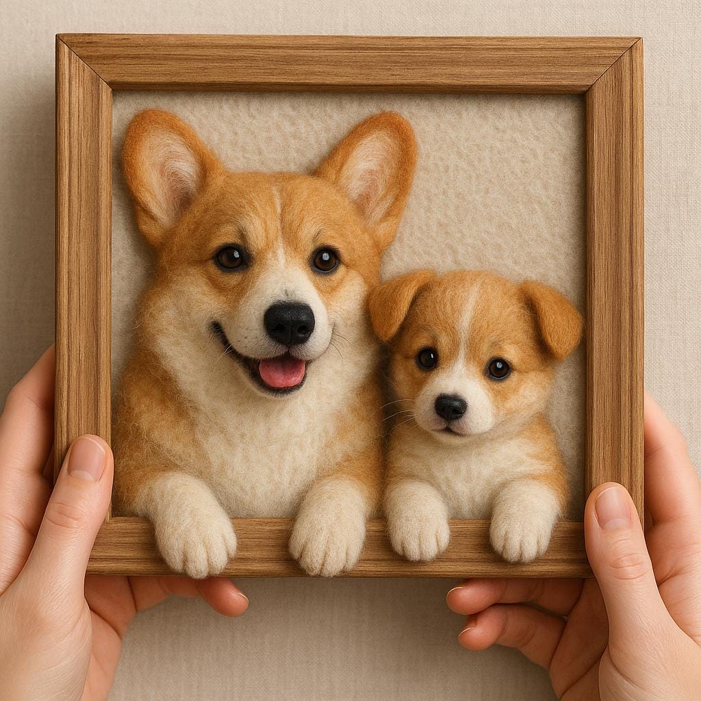 Custom Felted Corgi Family Portrait – Handmade Wool Sculpture with Wooden Frame,Custom Pet Art Gift for Dog Lovers, Pet Memorial Gift