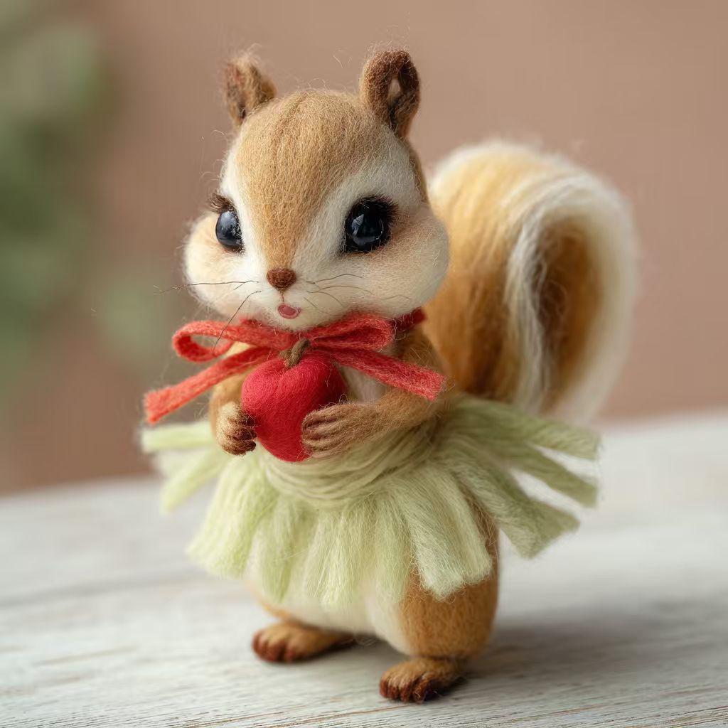 Handmade Felt Squirrel Figurine – Cute Wool Animal with Santa Hat or Apple, Winter Woodland Christmas Gift Decor