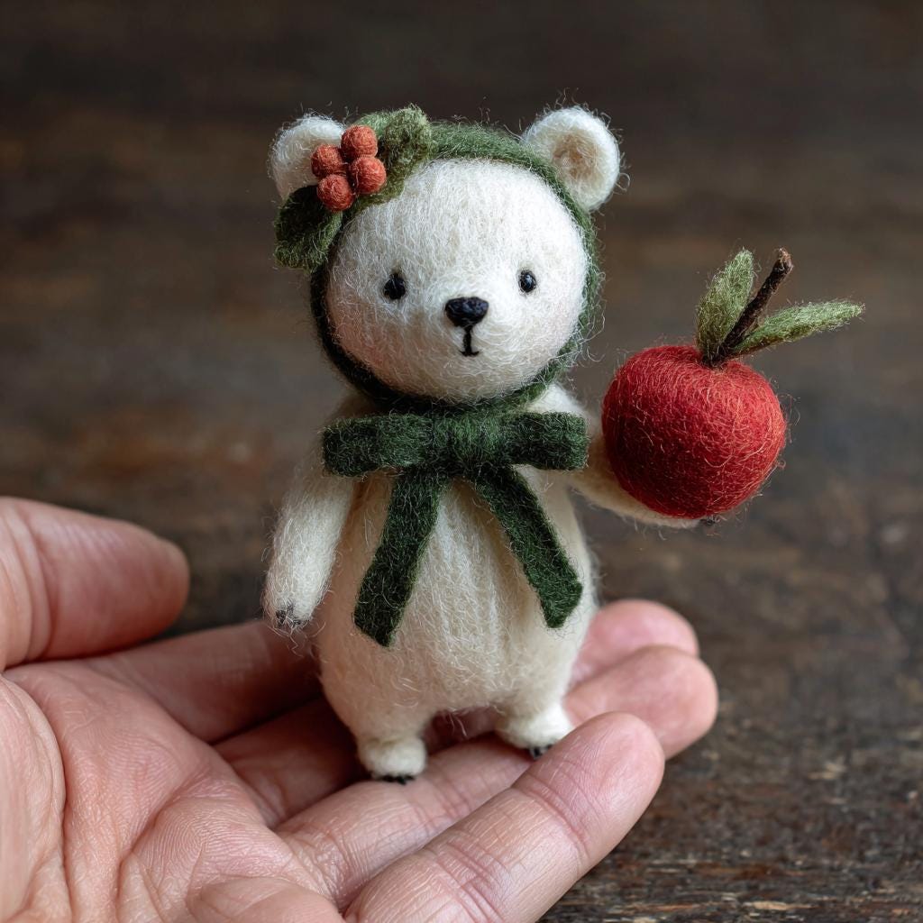 Needle Felted Christmas Bear – White Wool Bear Holding Apple, Handmade Winter Gift for Her, Cute Holiday Home Decor