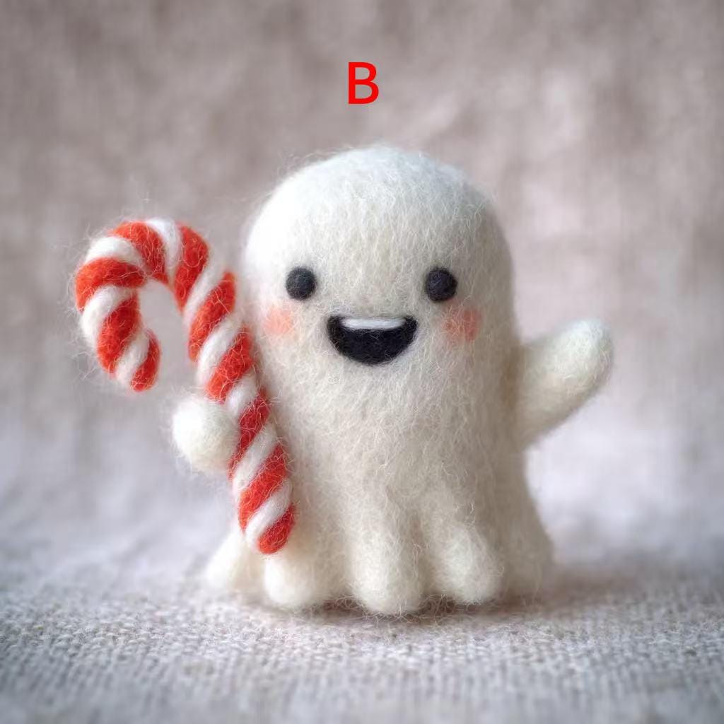 Needle Felted Ghost – Handmade Wool Felt Halloween Decor, Cute Ghost with Candy Cane or Gift Box, Spooky Cute Ornament