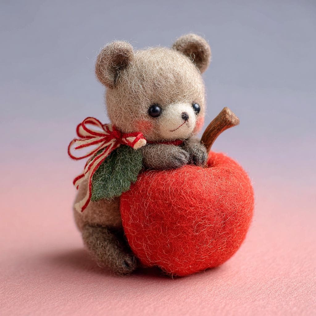 Handmade Needle Felted Bear with Apple – Cute Wool Figurine Winter Gift, Christmas Decoration, Perfect for Christmas Tree Ornament