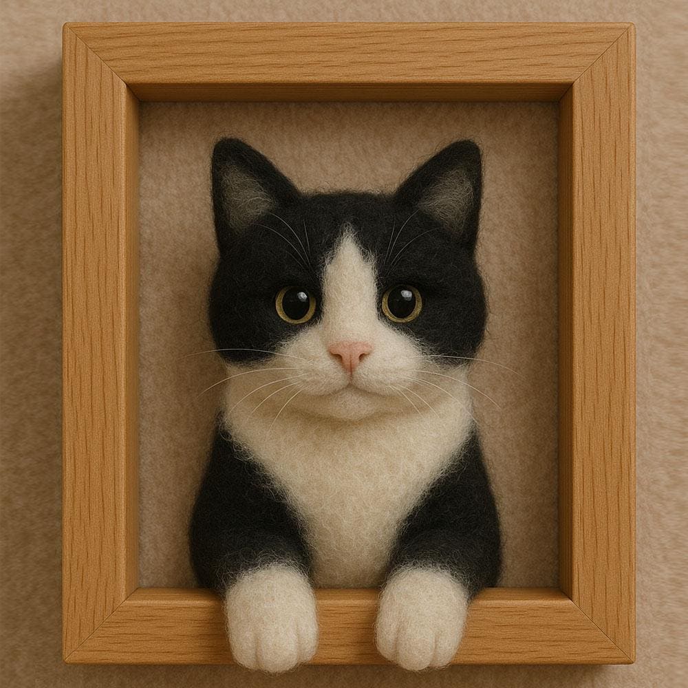 Handmade Wool Felt Cow Cat – Realistic Needle Felted Cat Sculpture, Personalized Pet Portrait Keepsake