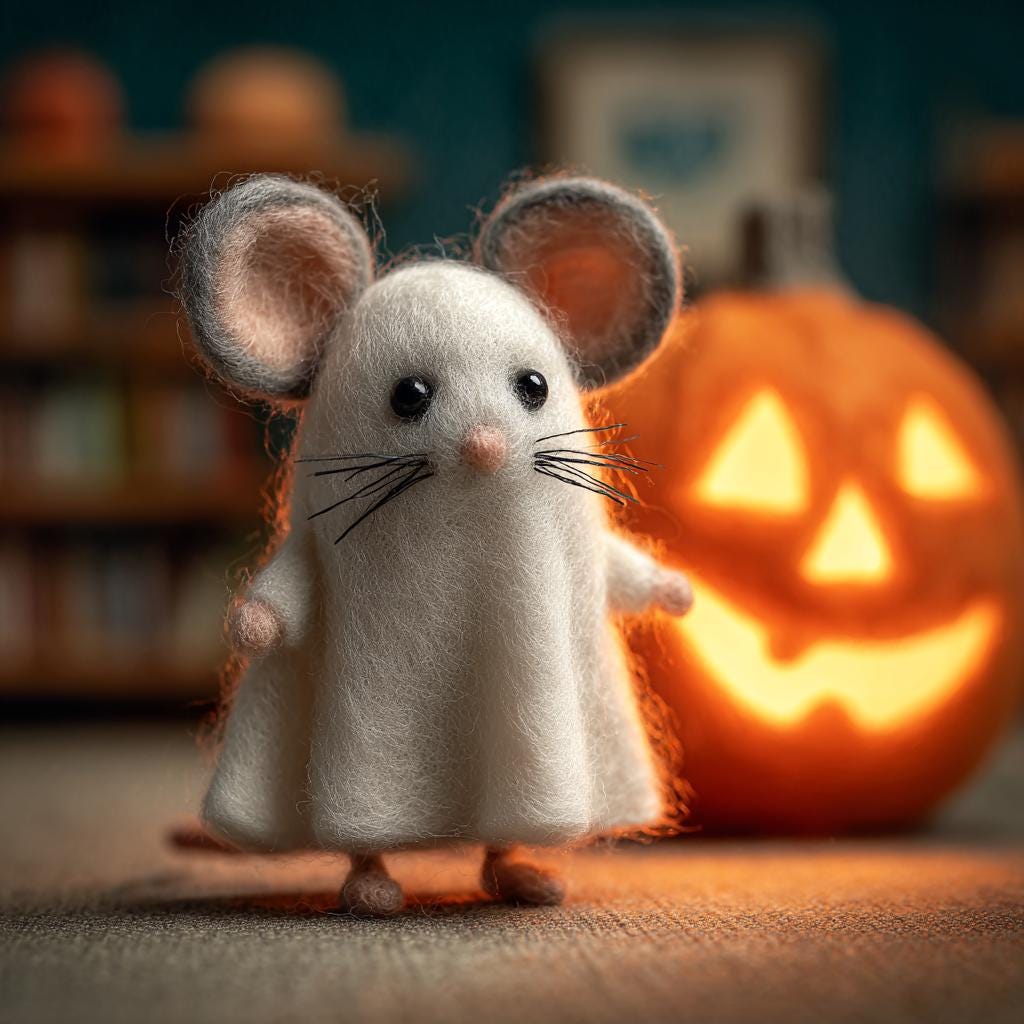 Handmade Needle Felted Halloween Mouse – Cute Wool Pumpkin Mouse Figurine, Ghost Mouse Decor, Fall Home Ornament, Spooky Holiday Gift
