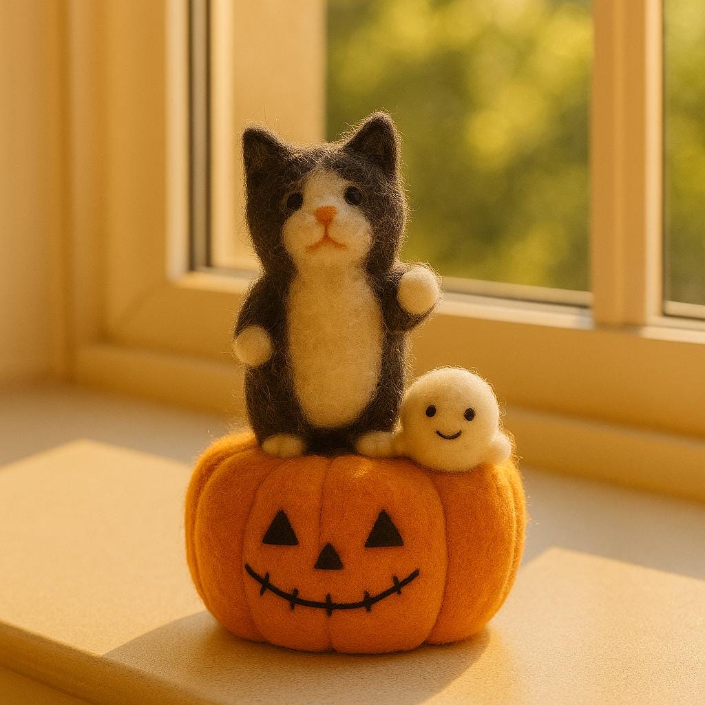 Handmade Needle Felted Halloween Cat Pumpkin Ghost – Wool Felt Black Cat Plush – Cute Spooky Fall Home Decor – Trick or Treat Gift