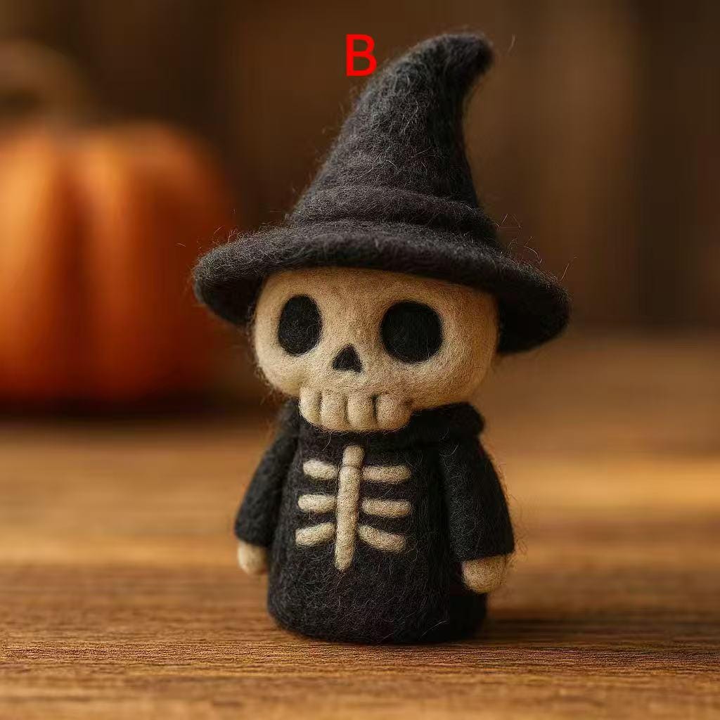 Halloween Skeleton Witch Doll – Handmade Needle Felted Wool Felt Skeleton Figurine – Witch Hat Skeleton Ornament, Spooky Fall Decoration