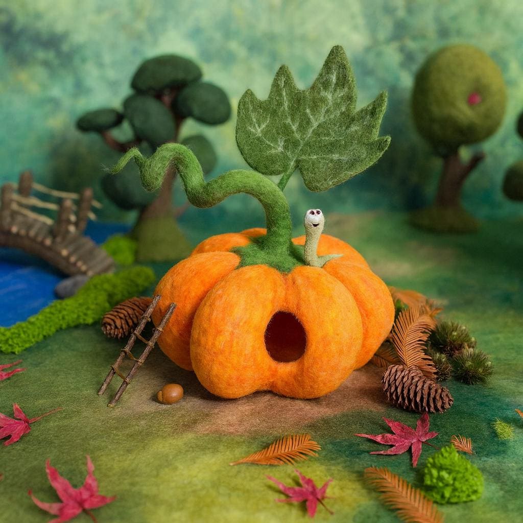 Handmade Wool Felt Pumpkin House – Waldorf Inspired Toy for Kids,Needle Felted Pumpkin Fairy House – Nature Play Toy, Montessori Gift