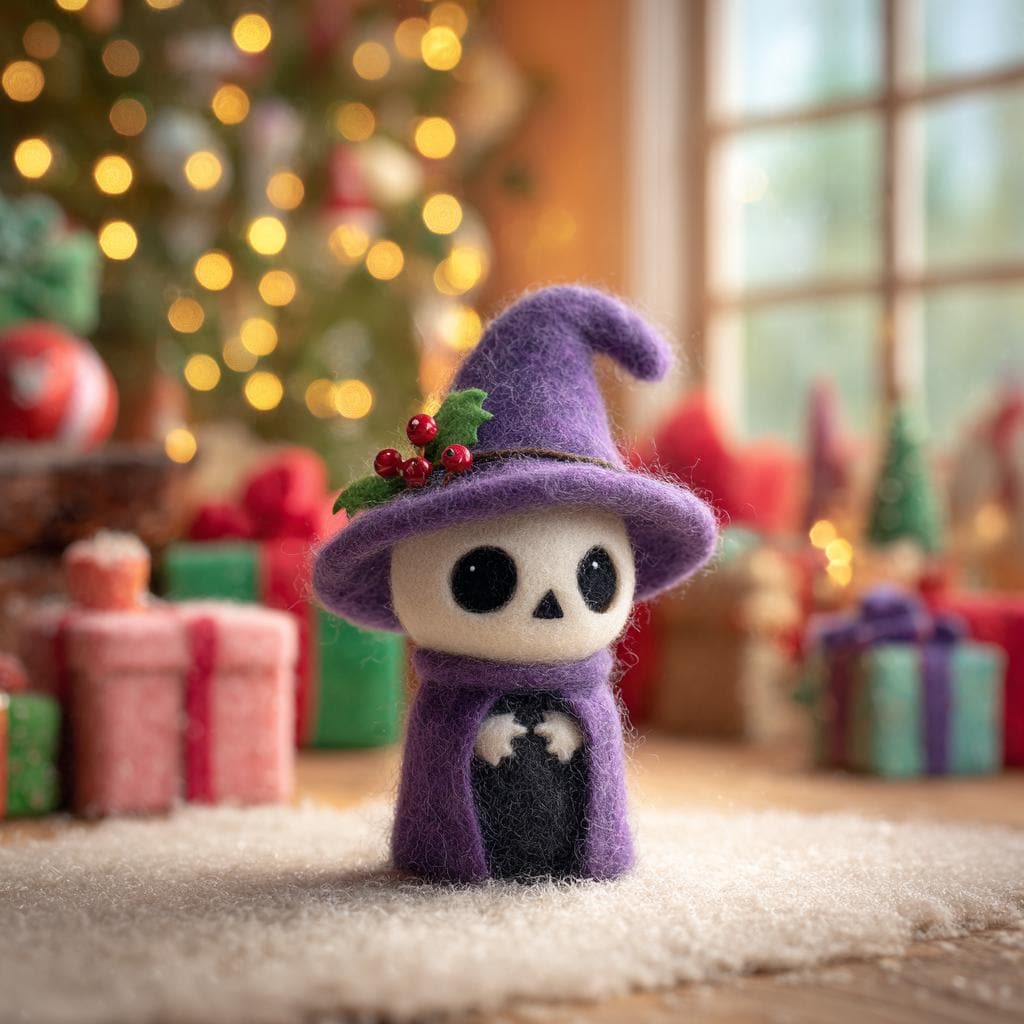 Handmade Wool Felt Skeleton Witch – Needle Felted Halloween Decoration, Spooky Cute Figurine for Autumn Home or Party Gift