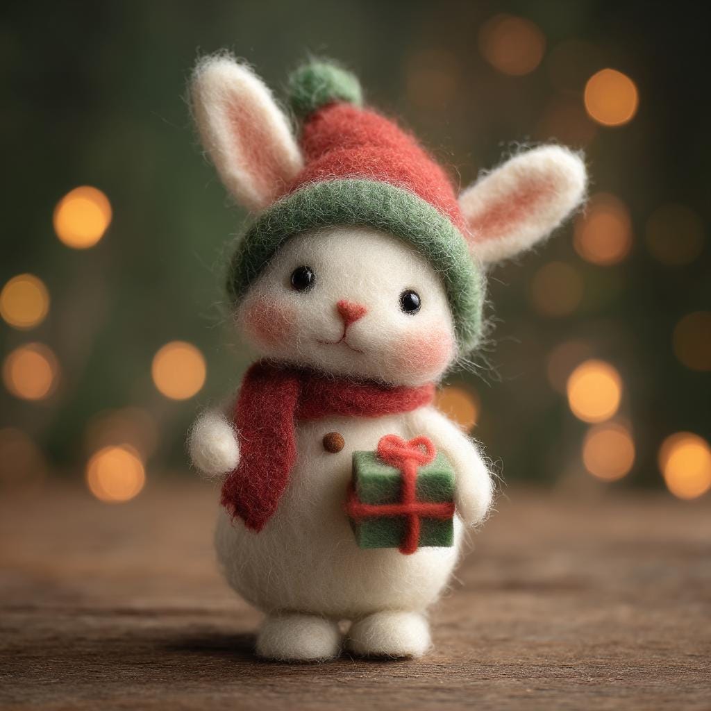 Handmade Felt Bunny with Gift Box – Wool Rabbit Figurine, Woodland Christmas Decor and Cozy Winter Holiday Gift for Animal Lovers