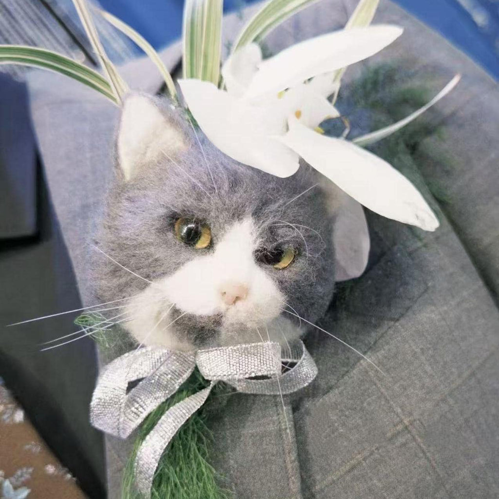 Custom Pet Portrait Wedding Corsage – Handmade Wool Felt Flower Pin for Bride and Groom Keepsake Gift