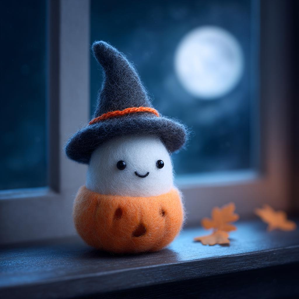 Handmade Needle Felted Halloween Ghost – Wool Felt Witch Ghost Figurine, Cute Pumpkin Decor, Cozy Autumn Home Decoration Gift