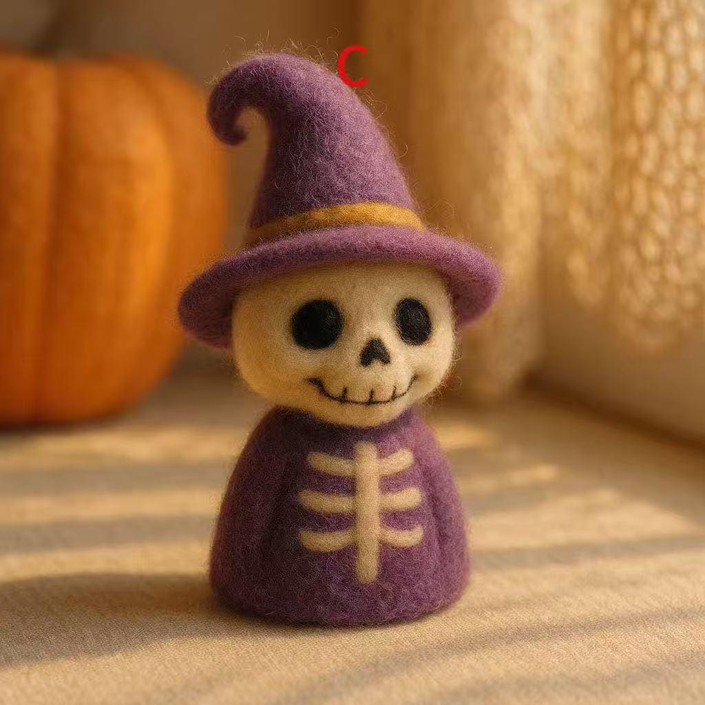 Halloween Skeleton Witch Doll – Handmade Needle Felted Wool Felt Skeleton Figurine – Witch Hat Skeleton Ornament, Spooky Fall Decoration
