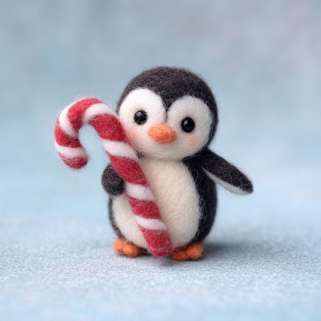 Handmade Wool Felt Penguin – Cute Needle Felted Penguin with Candy Cane, Christmas Winter Decoration, Adorable Holiday Gift