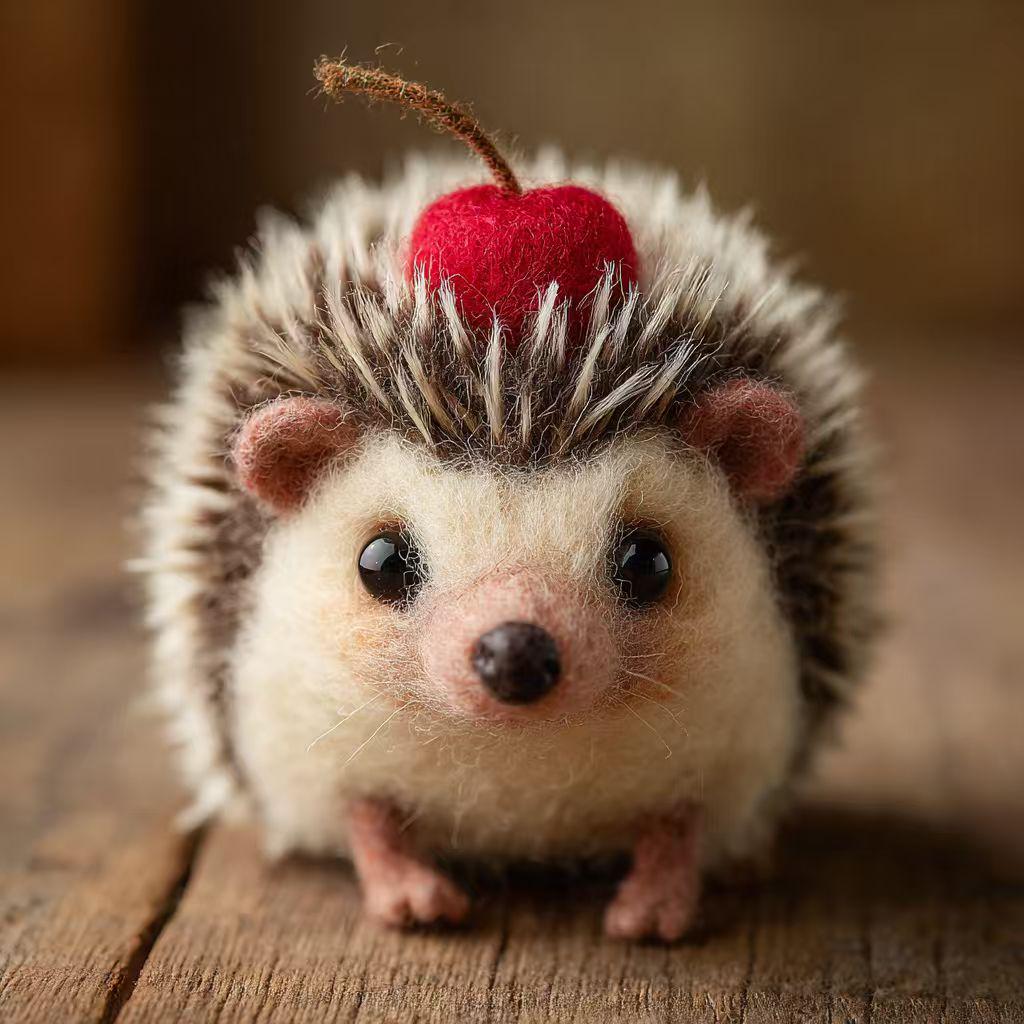 Handmade Needle Felted Hedgehog – 2.5 Inch Cute Animal Figurine with Apple or Heart, Cozy Winter Gift, Perfect for Christmas Tree Ornament