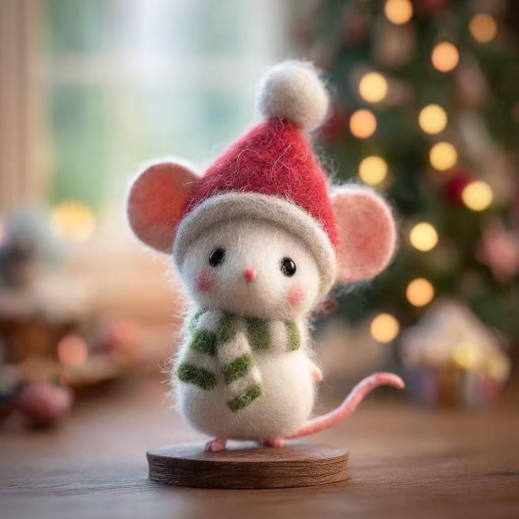 Needle Felt Christmas Mouse Ornament – Handmade Wool Felt Figurine, Cute Holiday Gift, Cozy Winter Home and Tree Decoration