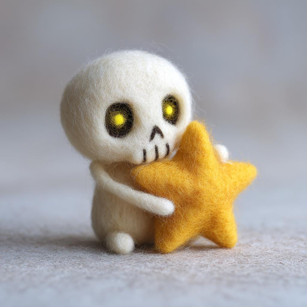 Handmade Wool Felt Skeleton with Star – Cute Needle Felted Ghost & Tree Ornament, Spooky Cute Holiday Gift Idea