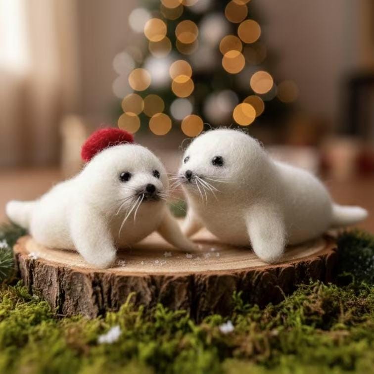 Handmade Needle Felted Christmas Seal – Wool Felt Winter Animal Figurine, Cute Holiday Ornament, Cozy Winter Gift for Home Decor