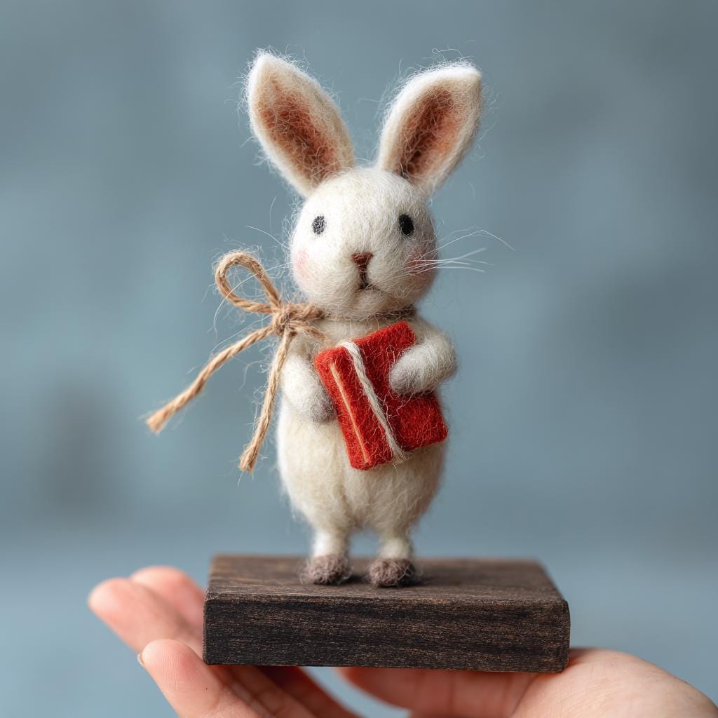 Handmade Felt Bunny with Book – Wool Reading Rabbit Figurine, Cozy Woodland Decor and Whimsical Christmas Winter Gift for Readers