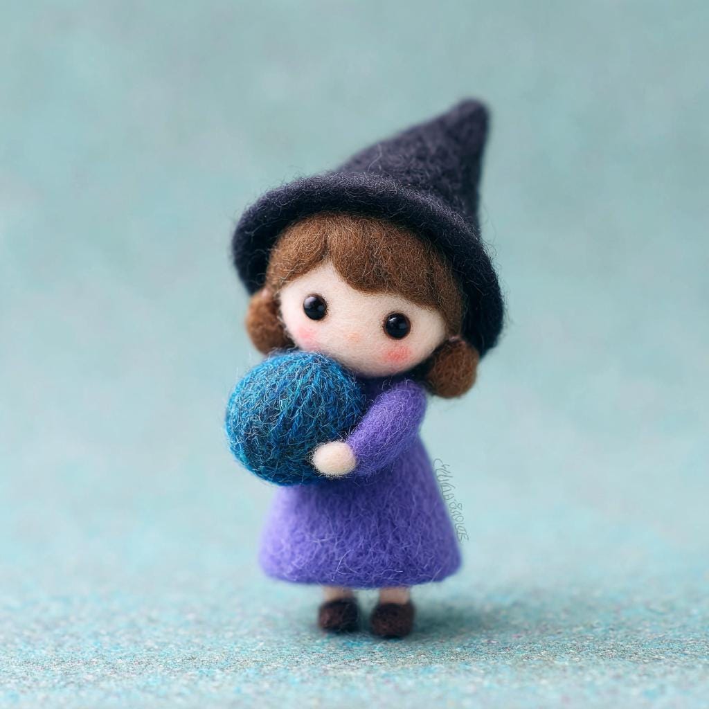 Needle Felted Witch Doll – Handmade Wool Felt Halloween Figurine, Cute Spooky Decor with Pumpkin, Magic Wand or Owl Hat Gift