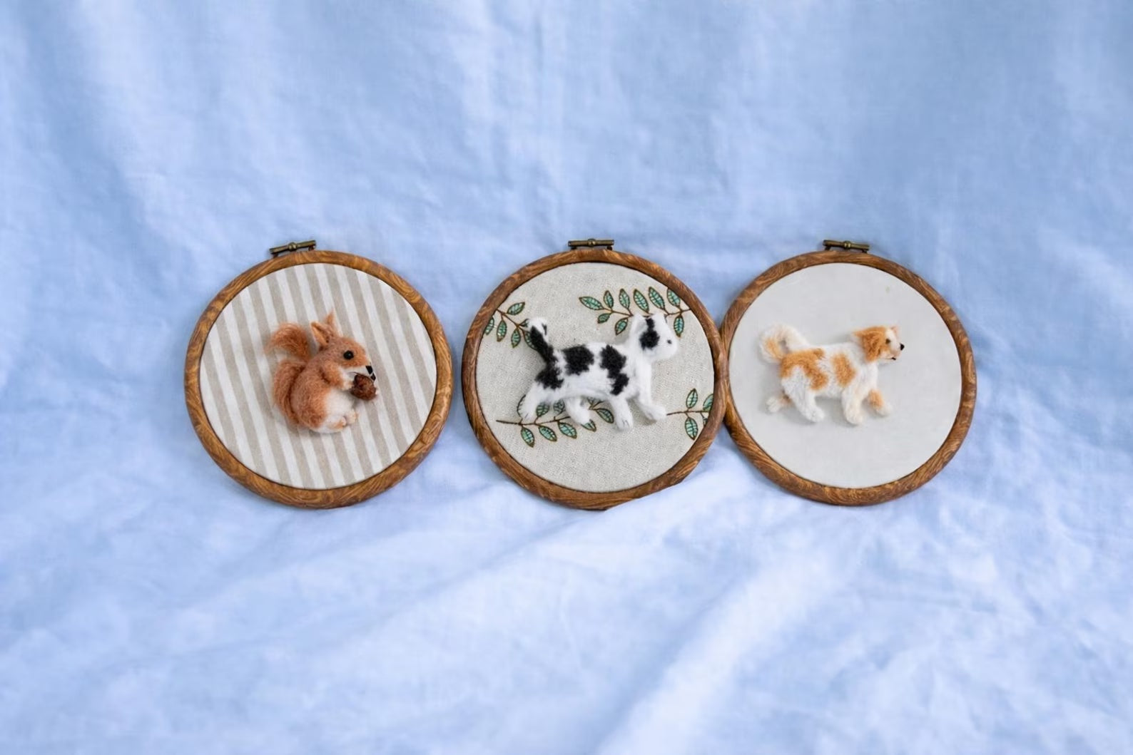 Custom flat wool felt animal portrait hoop set with squirrel goat and dog, handmade personalized pet wall decor