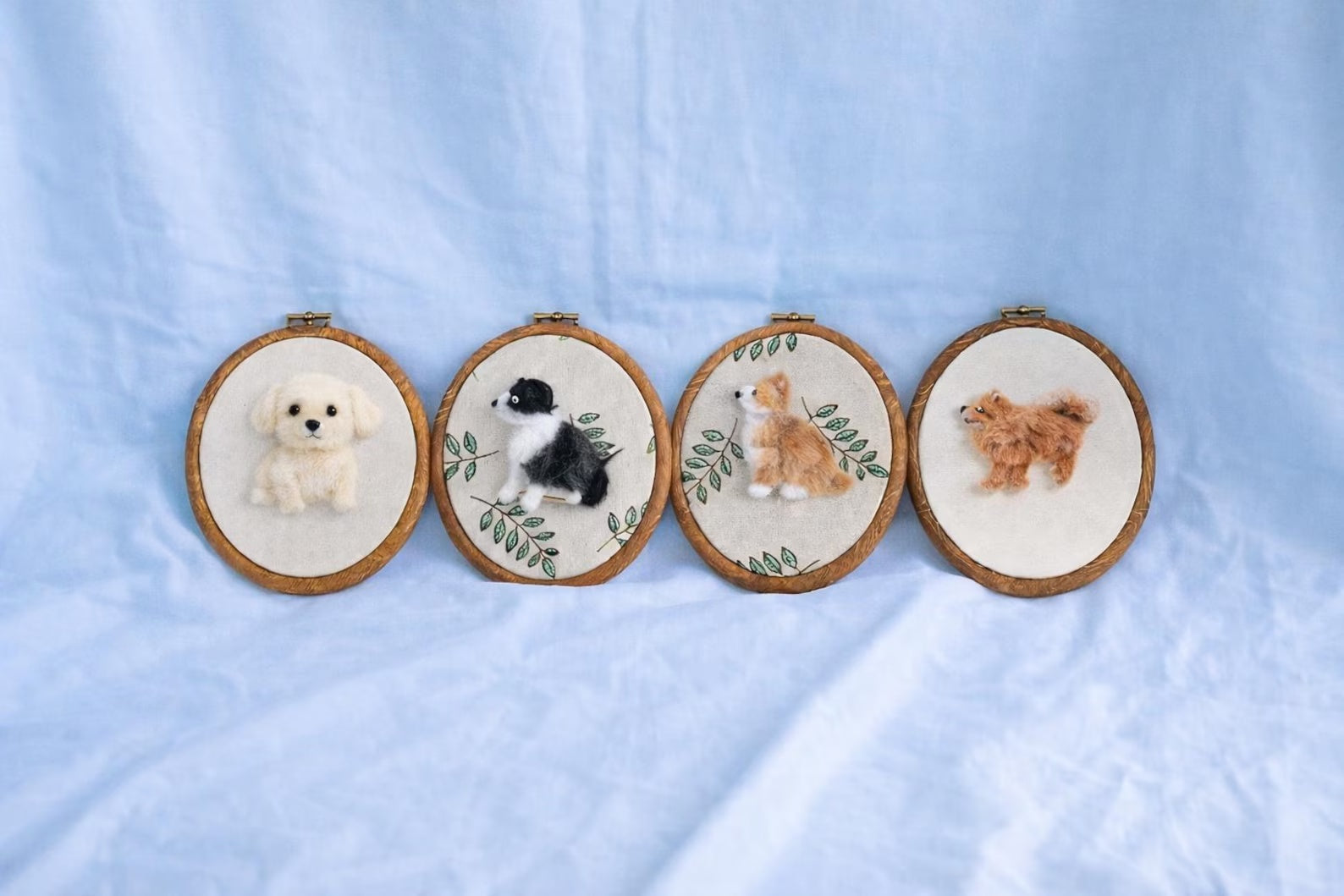 Custom wool felt pet portrait hoop examples with dogs and cats, handmade personalized pet keepsake options
