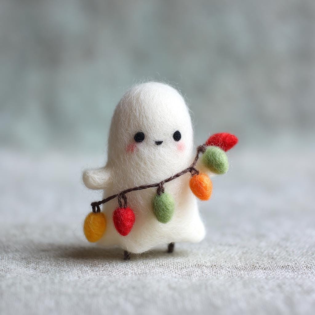 Needle Felted Ghost with Gift – Cute Wool Felt Halloween Ornament, Handmade Ghost Doll, Cozy Holiday Decor for October Display