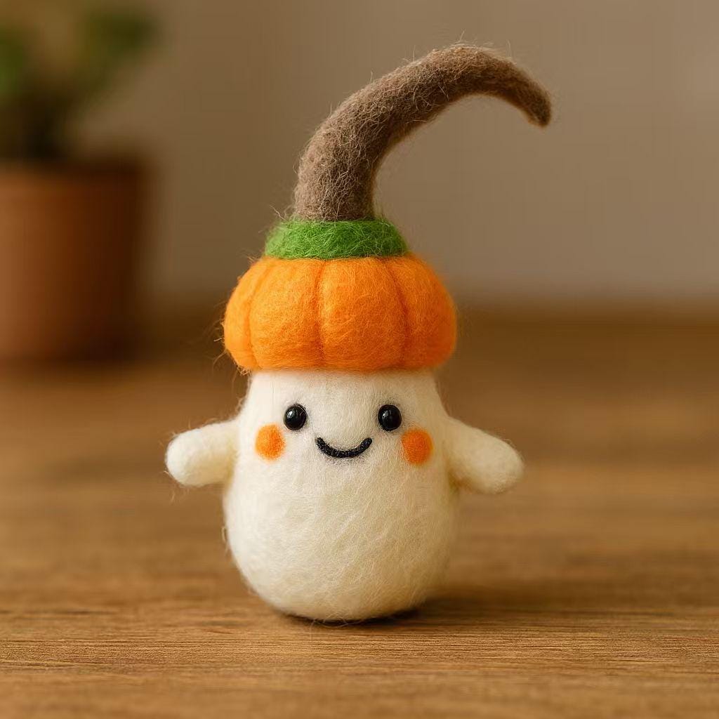 Needle Felted Ghost Plush with Pumpkin Hat – Handmade Wool Felt Halloween Decoration – Cute Fall Home Decor, Trick or Treat Party Gift